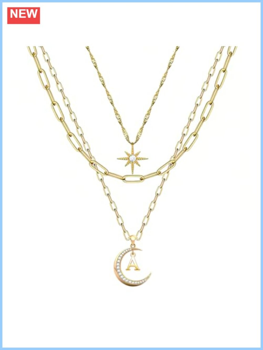 Layered Moon Star Initial Necklace Set Gold Plated Non Tarnish